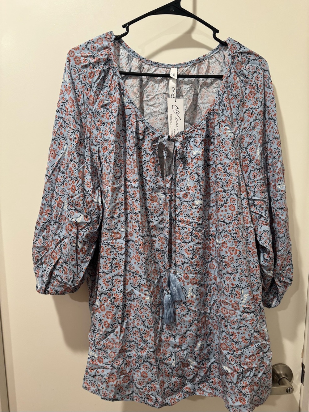 NY Collection Light Blue Floral Tie-Front Peasant Tunic